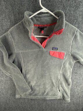 Patagonia Fleece Jacket Girls Youth Size 2XL 16-18 Gray Pink Fuzzy Soft Snap